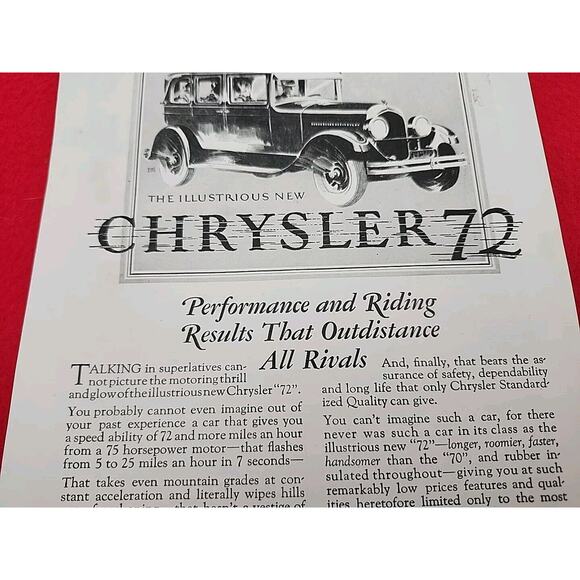 Vtg 1927 Chrysler 72: Performance and Riding Results Antique Print Ad Ephemera - Picture 3 of 6